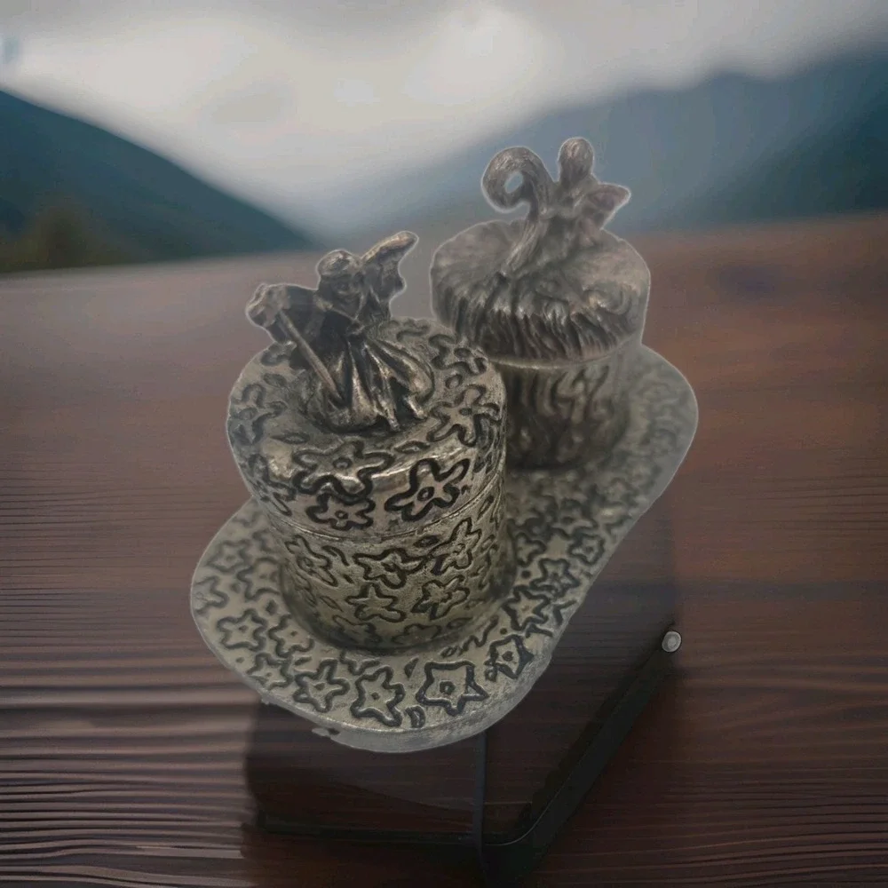 First Tooth & First Curl VINTAGE BabyKeepsake Boxes Set Pewter Fairy Theme